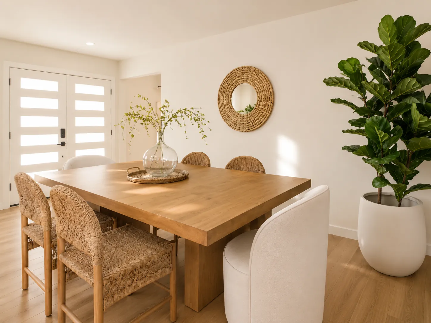 Staged dining room with an oak table, rattan chairs and a fiddle-leaf fig