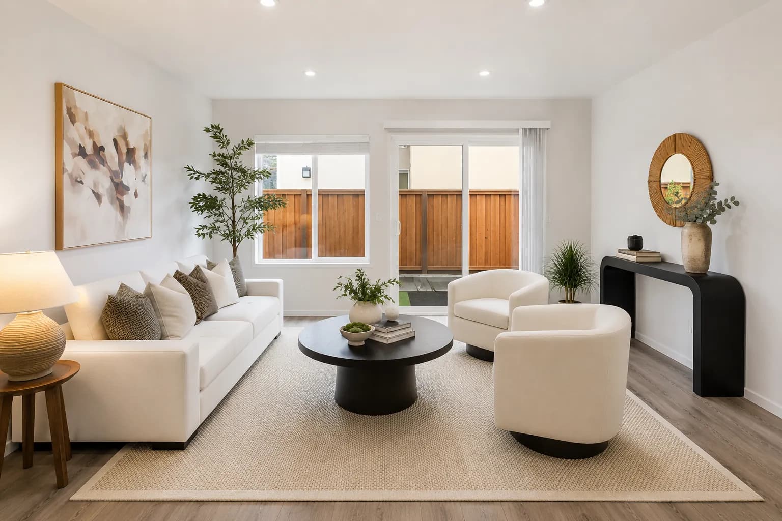 Staged South San Francisco living room with a white sofa, swivel chairs, a black console and a round mirror