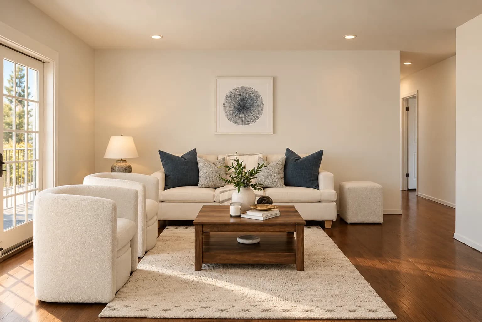 Staged San Mateo living room with a white sofa, navy pillows, cream armchairs and a wood coffee table