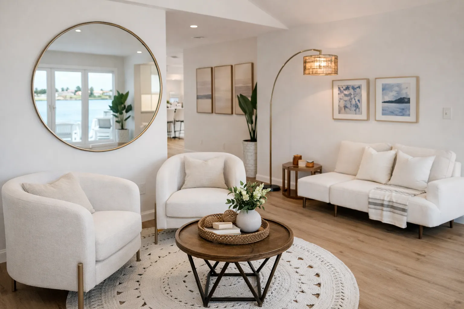 Staged living room with a round mirror, cream sofa and chairs, and a waterfront view