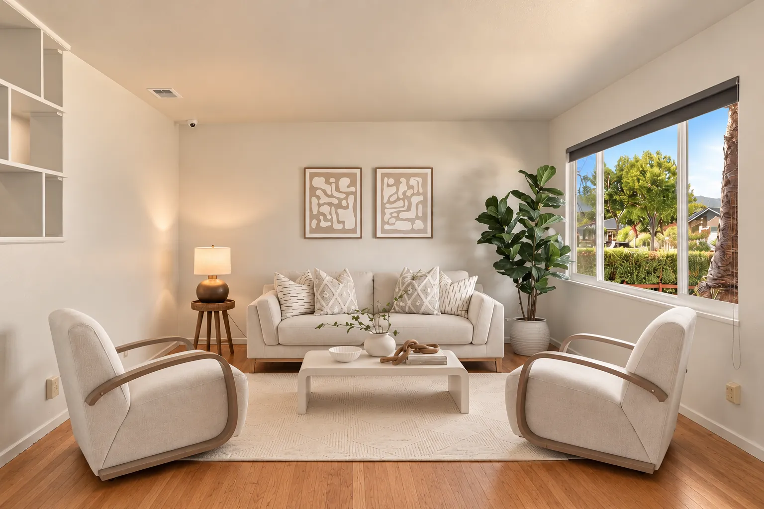 Staged living room with a cream sofa, two curved swivel chairs, built-in shelves and a picture window